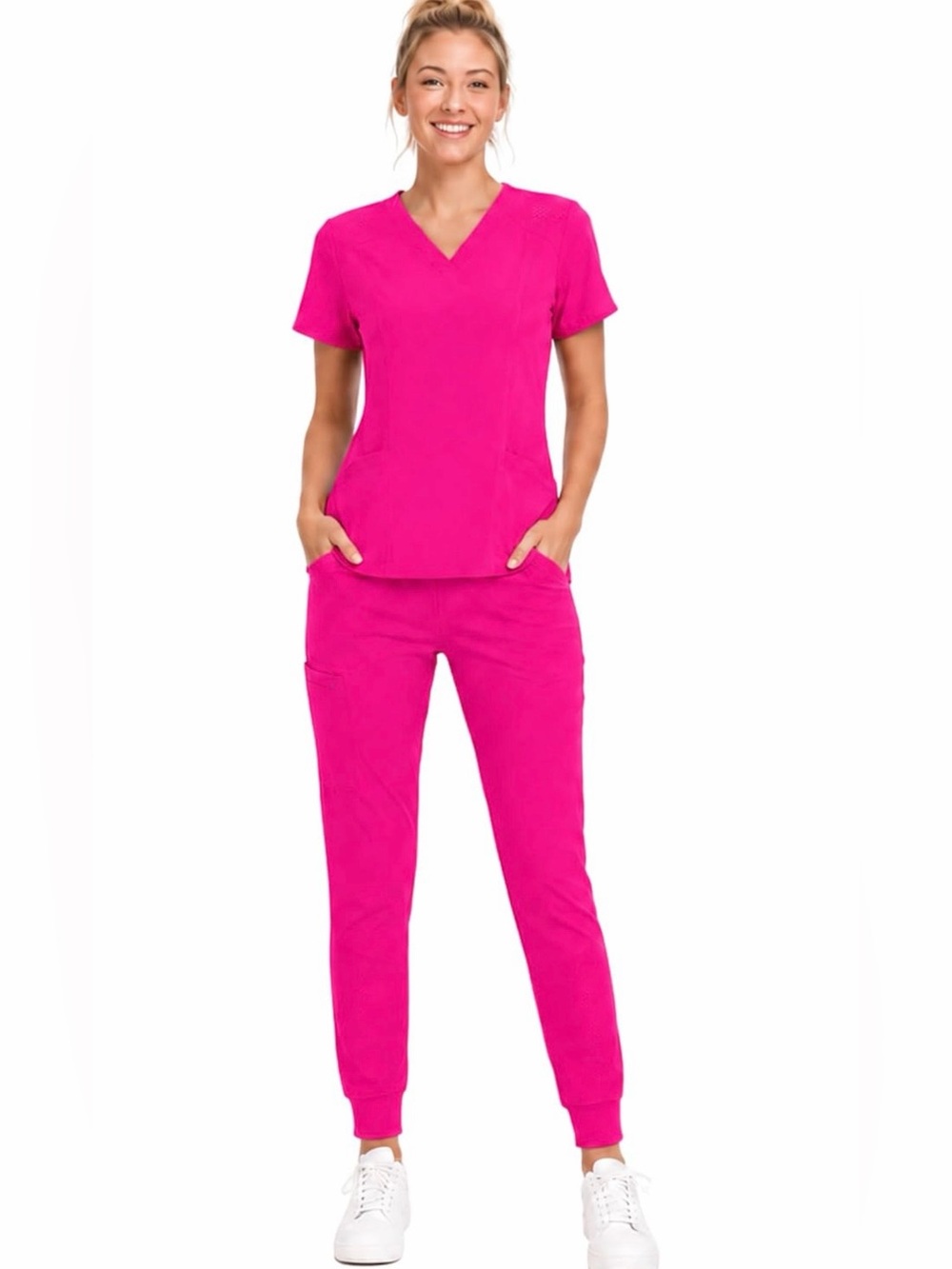 M&M'S Women's Two-Piece Jogger Scrubs Set in Hot Pink